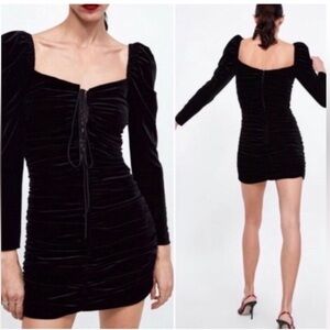 Zara Black Velvet Ruched Dress, size S